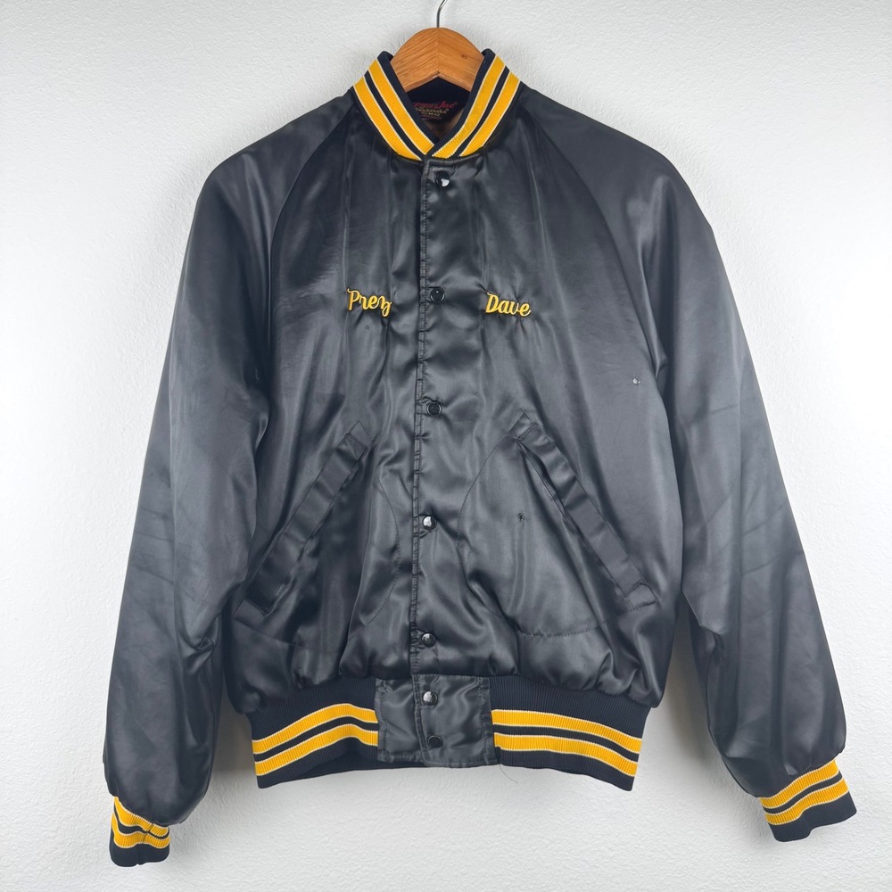 Pla-Jac Jacket Mens M Black Good Vintage Star 8 Hot Rod Club Bomber Satin Retro